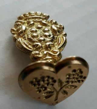 Vintage Brass Flowers Heart Shaped Sealing Wax Stamp Seal 3/4” Design Italy