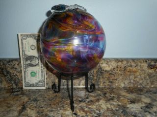Signed Tagged 2007 Pyromania Art Glass Fish Float W/ Metal Stand Made In Oregon