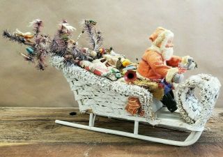 Vintage Fao Schwartz Santa In Wicker Sleigh With Toys 22 "