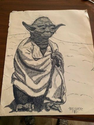 24 X 20 Pen And Ink Drawing Of Yoda From 1981 By Rey Garcia