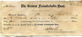 1871 The German Frundschafts - Bund Friendly Society Charleston Sc Receipt 1 Share