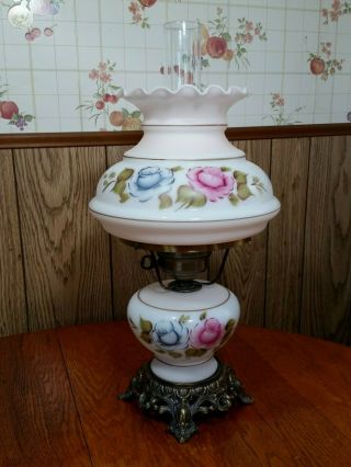 Vintage Hurricane Lamp White Milk Glass / Pink Blue Floral Roses 17 1/2 " Tall