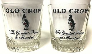Vintage Old Crow Bourbon Whiskey Advertising Clear Glass Rocks Glass Pair Bar