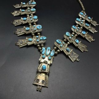 Vintage Navajo Sterling Silver Turquoise Kachina Squash Blossom Necklace 188.  6g