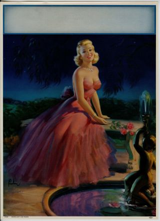 1952 Art Frahm Pin - Up Glamour Girl Moonlight And Roses Vintage Lithograph Poster
