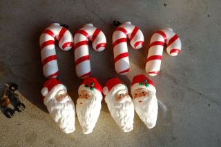 Christmas 4 Santa Heads 4 Candy Cane Blow Mold Light Toppers Cover 1995 Empire