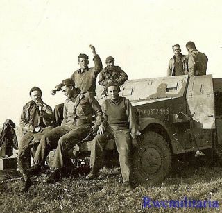 Terrific Pose By Group Us Soldiers In Field W/ M3 Armored Halftrack; France
