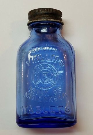 Vintage Cobalt Blue Bottle W/ Cap / Phillips Milk Of Magnesia / Tablets 1940 