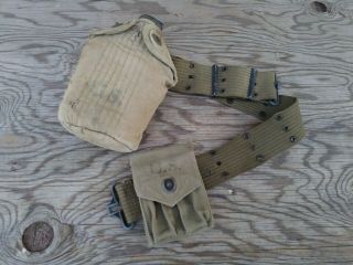 Ww2 Us Military Issue M - 1936 Canvas Web Pistol Belt W/canteen & Mag Pouch 1944