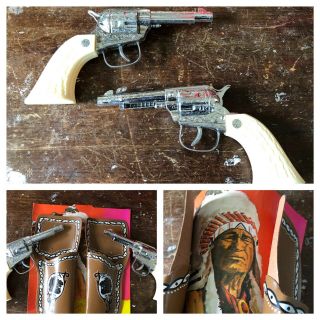 Vintage 70s Set Of 2 Toy Guns With Holster Cowboys & American Indians Western