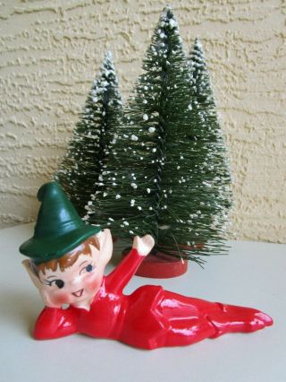 Vintage Elf/pixie Green Hat Red Suit Laying On Side Ceramic Christmas Figurine
