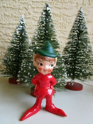 Vintage Elf/pixie Green Hat Red Suit Standing Hands On Hip Ceramic Xmas Figurine