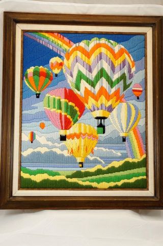 Lg Vtg Crewel Embroidery Yarn Art Framed Wall Hanging Hot Air Balloons Rainbow