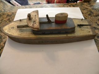 Vintage Wooden U.  S.  Cruiser With Two Guns,  12 Inches Long
