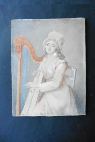French Sch.  Ca.  1800 - Young Woman Playing Harp - Circle Vigee Le Brun - W 