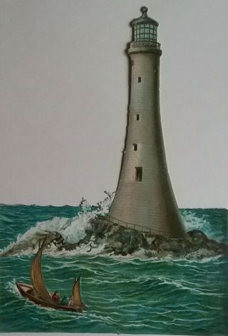 L Antiqueemboschromo Victorian Scrap.  Lighthouse,  Rough Sea,  Sailing Boat 18x13cm