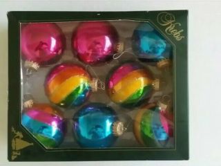 Vintage Box Of 8 Krebs Blue/red And Multi - Colored Glass Ball Christmas Ornaments