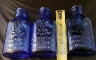 3 Vintage Cobalt Blue Embossed Bottle Phillips Milk Of Magnesia 5” Tall