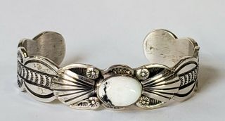 Vintage Native American Sterling Silver White Buffalo Turquoise Bracelet,  Signed