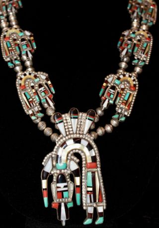 Zuni Rainbow Man Inlay Necklace Squash Blossom W/ Ring Native American Vintage