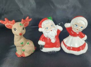 Vintage Mr & Mrs Santa Claus Small Ceramic Figures Hand Painted 4 " Plus Reindeer