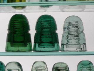 3 Cd 145 " B " Beehive Glass Insulators,  Light Aqua,  Teal Aqua,  Emerald Green