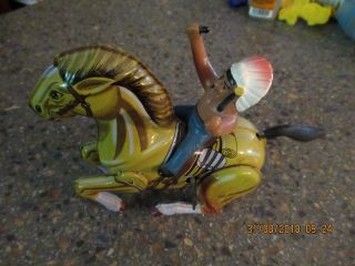 Vintage Mechanical Wind Up Tin Toy Indian On A Horse,  Mtu,  Made In Korea