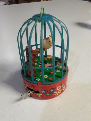 Vintage Tin & Plastic,  Wind - Up Singing Bird In Cage Japan