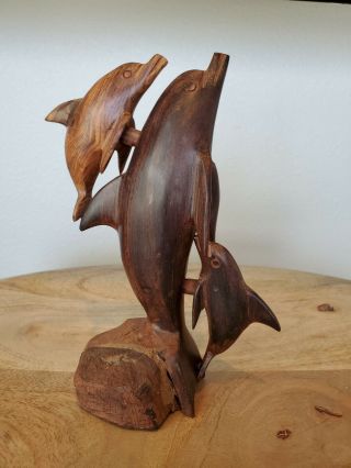 Hand Carved Wood Wooden Ironwood Dolphin School Swimming Figurine 7.  5 " Tall