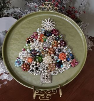 Vintage Jewelry Art Christmas Tree Framed Cluster Earrings Kyes Moire Tray