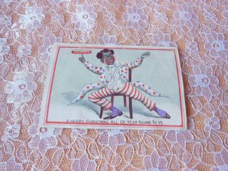 Victorian Christmas Card/black Figure In Theatrical Costume With Tambourine