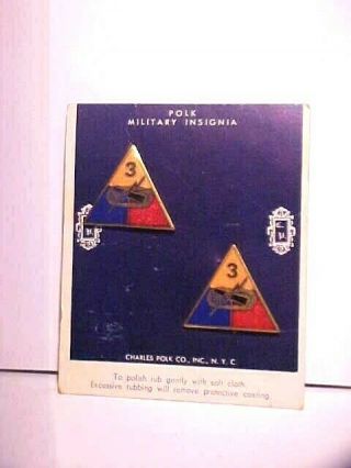 2 Vintage Charles Polk Wwii Military 3rd Armored Division Insignia Pin On Card