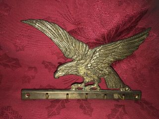 Vintage Brass American Bald Eagle 5 Key Hook Holder Wall Rack