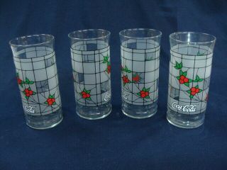 4 Coca Cola Glasses 6 " Frosted Design Stained Glass Like & Holly Berries,  16 Oz