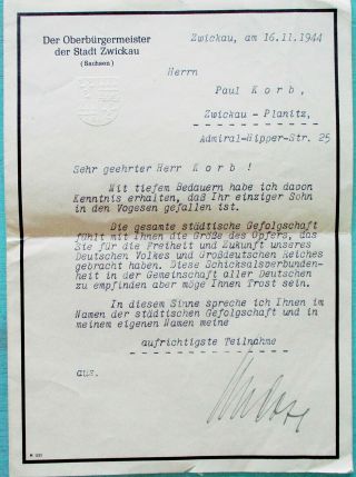 Condolence Letter - Lord Mayor Dost - 17 Year Old German Pilot Killed In Action