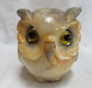 Marble Carved Grey Horned Owl Roundish 2.  5 "
