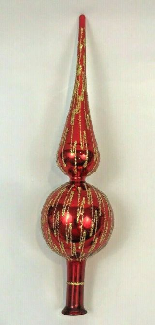 Vintage Red Glass 13 " Tree Top Topper Glitter Gold Christmas Decoration Mcm