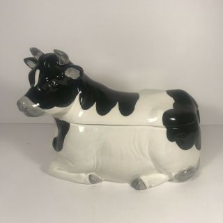 Otagiri Cow Cookie Jar,  Vintage Ceramic Holstein Black And White 11 "