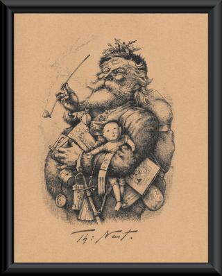 Santa Claus By Thomas Nast Print & Autograph Reprint On 100 Year Old Paper P168