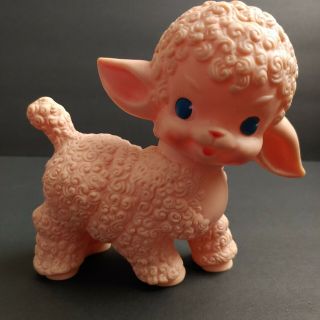 Vintage Sun Rubber Lamb Squeak Toy Pink Blue Eyes Head Moves 1955 Squeaker