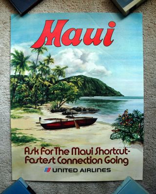 Vintage 1970s United Airline Hawaii Travel Poster Railway Maui Art Air