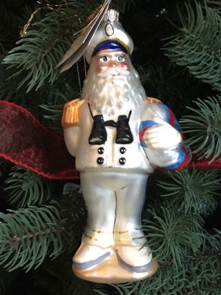 Christopher Radko Ship Shape Santa Blown Glass Christmas Ornament Nautical Navy