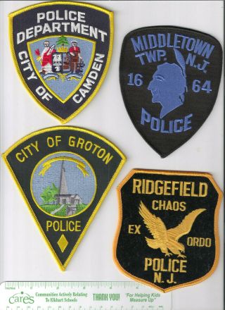 4 Jersey Police Patches Camden,  Groton,  Middletown & Ridgefield
