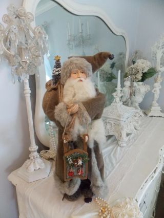 The Best Face Rustic Farm House Santa Claus Doll W/ Brown Coat,  Bell,  Sleigh &