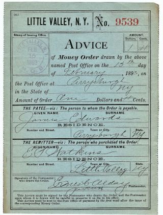 1893 Little Valley,  Cattaraugus County,  Ny Money Order
