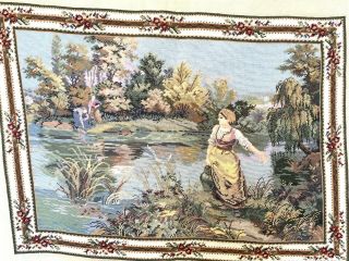 Vintage Completed Finished Cross Stitch Large Victorian Scene People Colors