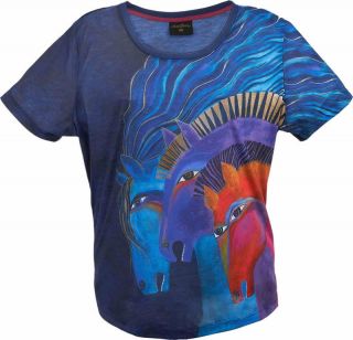 Laurel Burch T - Shirt Tee Top Blue Mares Horse Pony Size M Clothes Floral