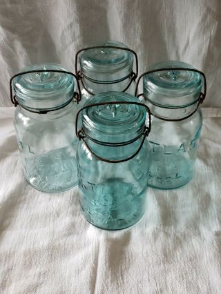 4 Vintage Atlas E - Z Seal Blue Quart Canning Jars Glass Lid