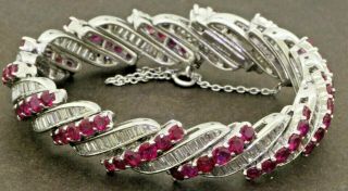Vintage 1950s Heavy Platinum 16.  32ctw Vs1/g Diamond & Ruby Fancy Link Bracelet