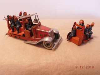 1930s George Fischer Tin Litho Penny Toy Fire Truck W Ladder & Bell Germany